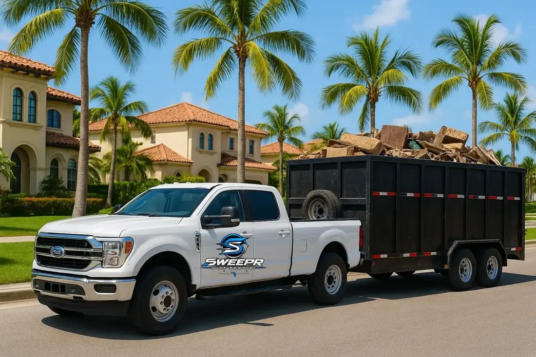 SWEEPR-branded white pickup truck pulling a black debris trailer in a palm-lined neighborhood